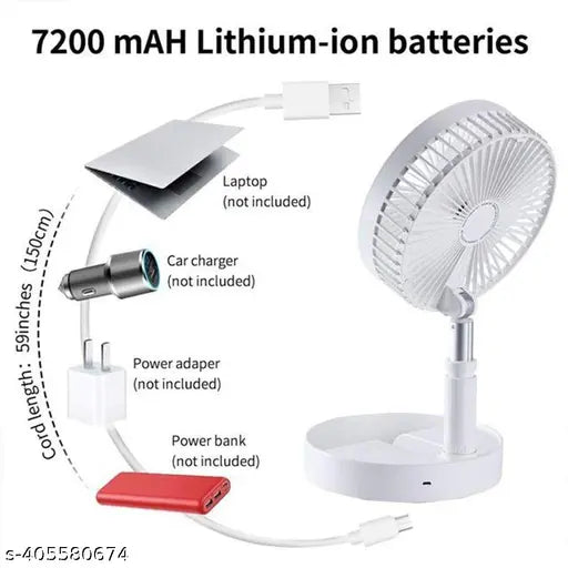 USB Rechargeable Desk Fan Telescopic Electric Desktop Fan Height Adjustable Foldable & Portable