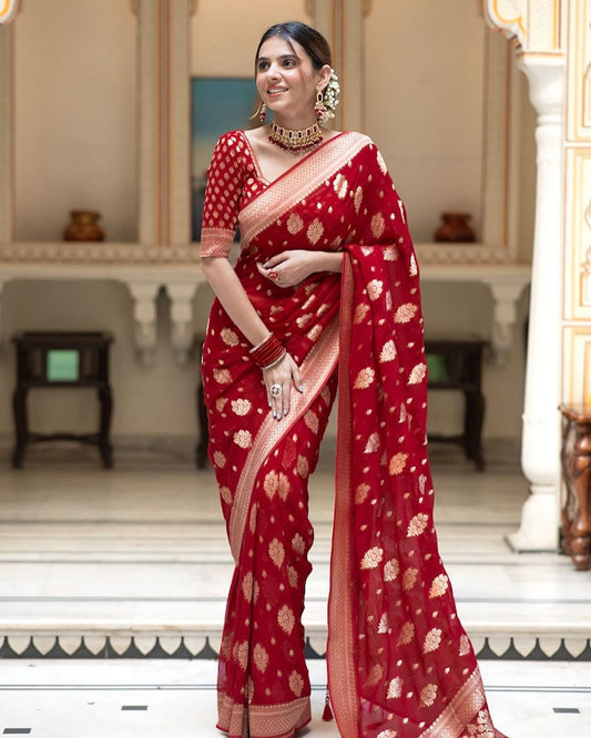 Soft Lichi Classic Red Banarasi Zari Work Saree