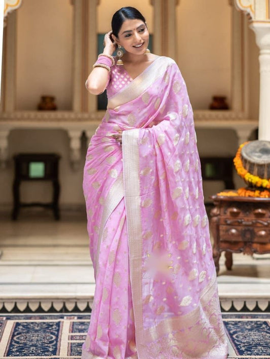 Soft Lichi Baby Pink Banarasi Zari Work Saree