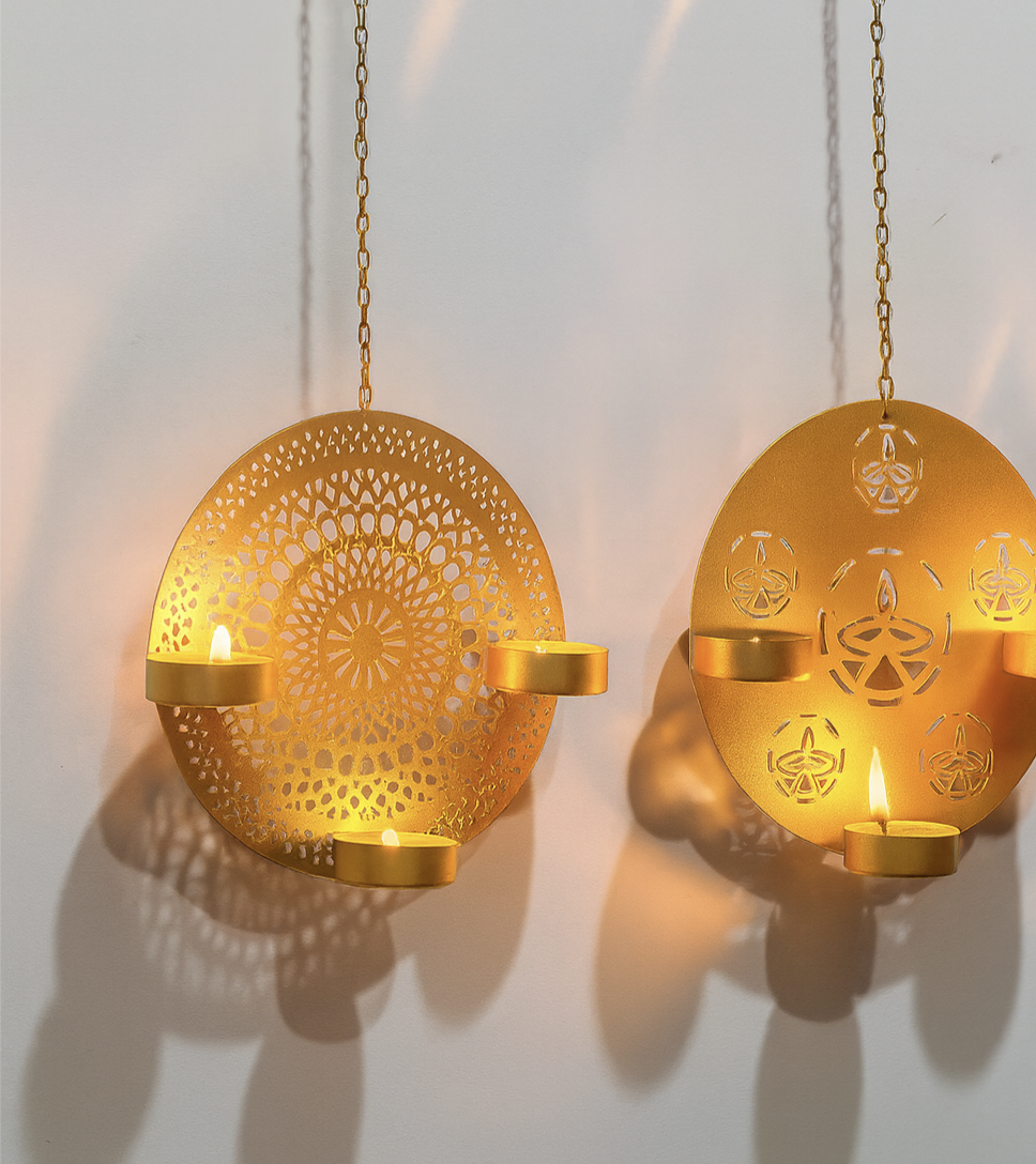 Golden Metal Wall Hanging Tealight Candle Holder (Set of 2)