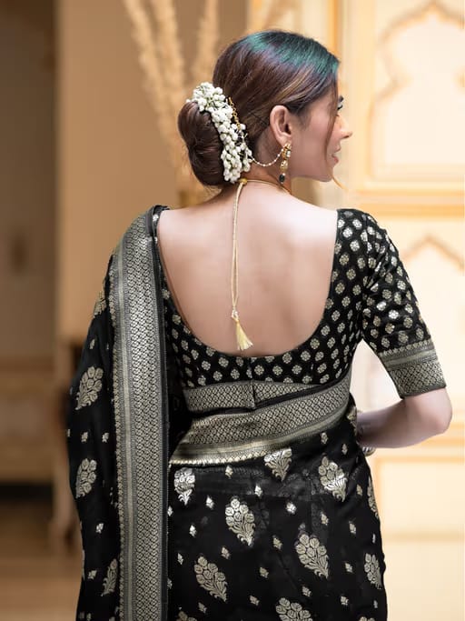 Black Gold Lichi Silk Saree – Festive Wear