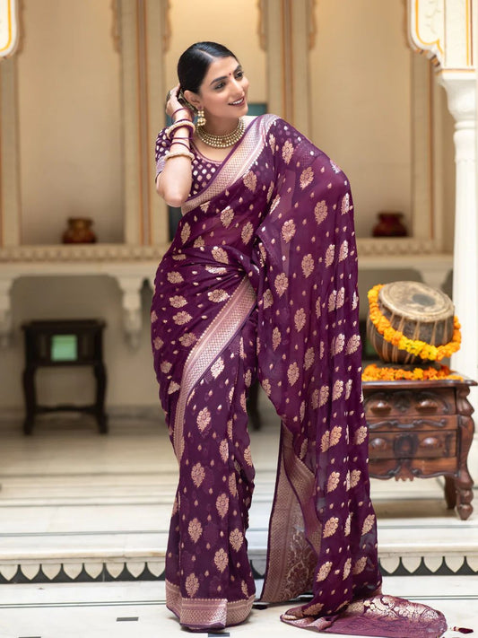 Wine Purple Lichi Silk Zari Saree