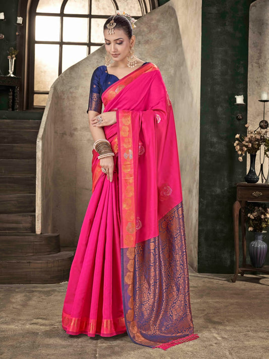 Premium Soft Lichi Silk Pink Banarasi Saree