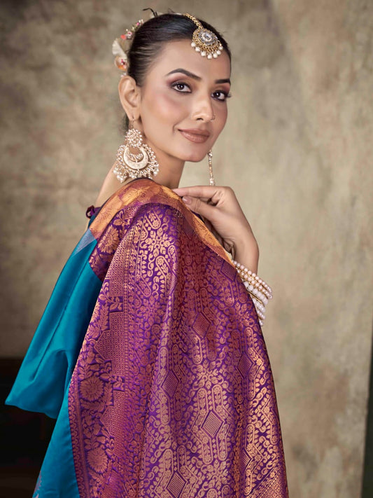 Premium Teal Blue Soft Lichi Silk Banarasi Saree with Purple Blouse