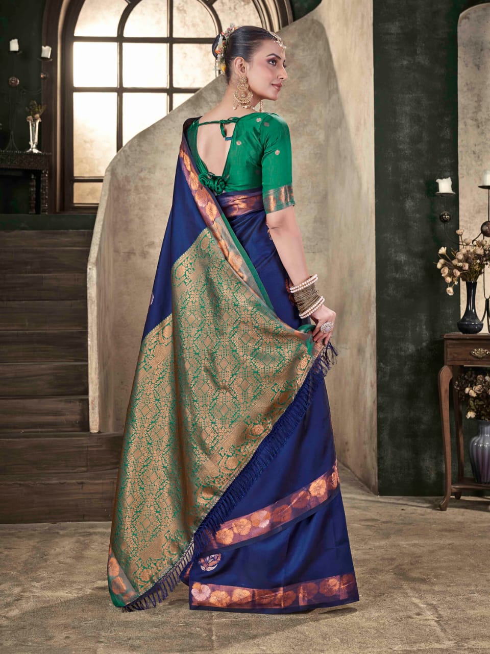 Royal Blue Soft Lichi Silk Saree with Green Banarasi Blouse