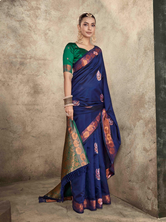Royal Blue Soft Lichi Silk Saree with Green Banarasi Blouse