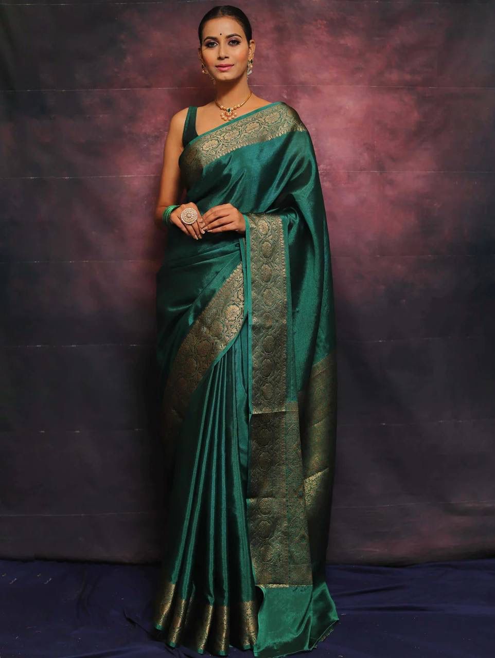 Bottle Green Soft Lichi Zari Work Saree