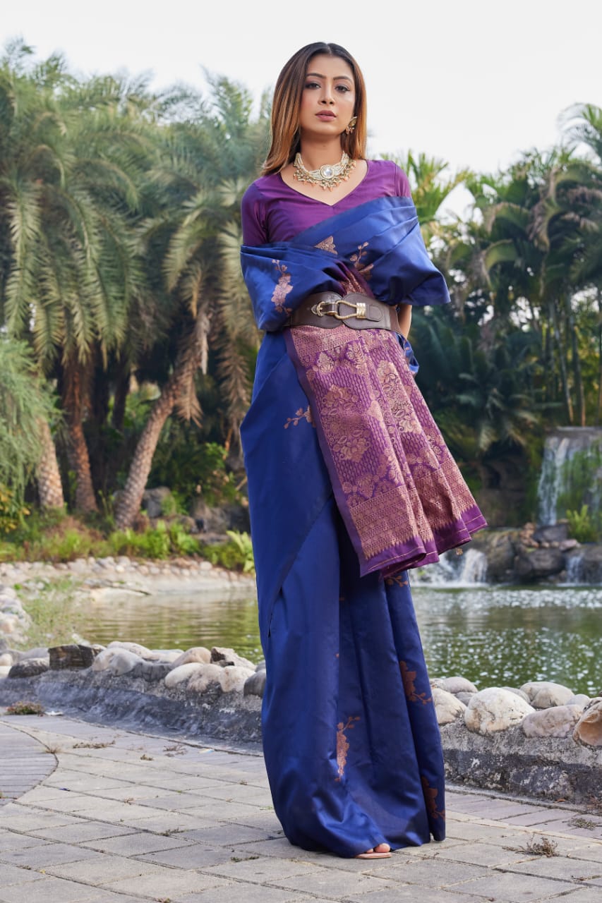 Premium Navy Blue Lichi Silk Jacquard Saree