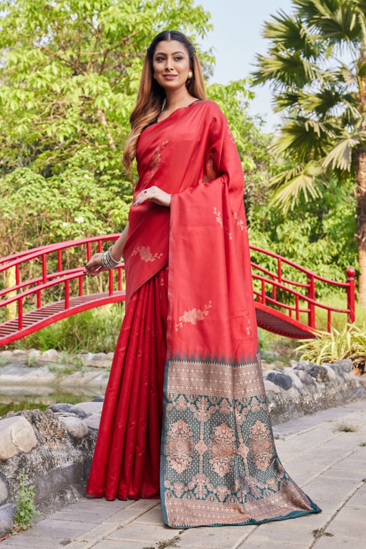 Classic Red Lichi Silk Saree with Rich Zari Pallu