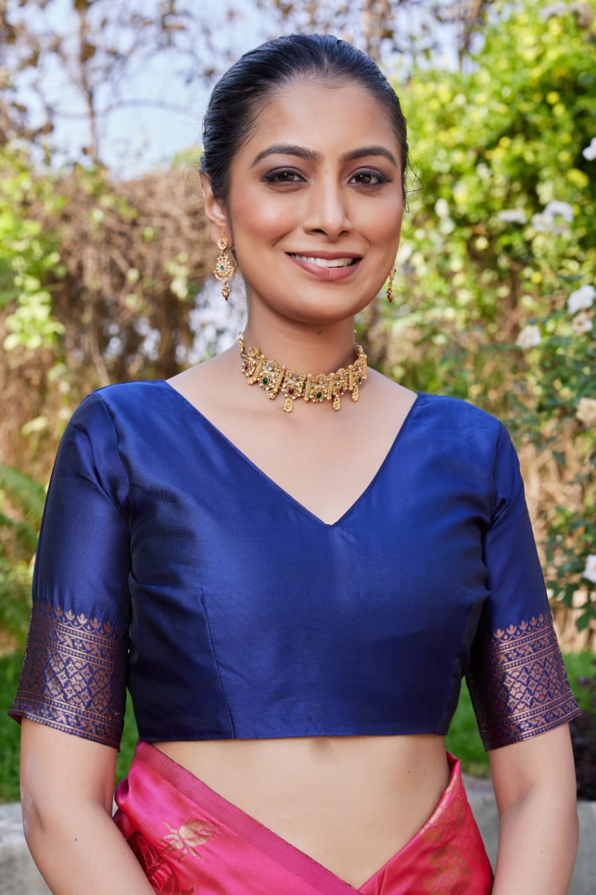 Pink Soft Lichi Silk Saree with Navy Blue Jacquard Pallu