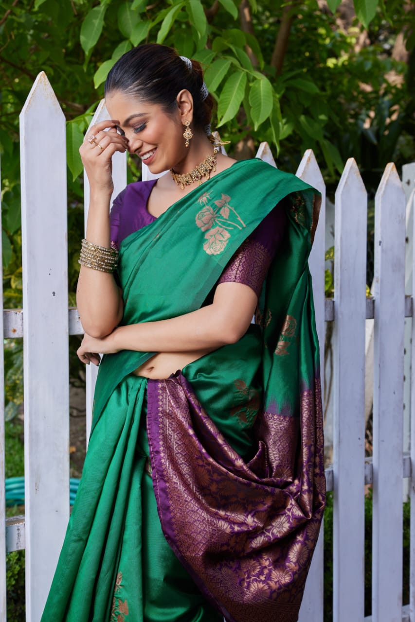 Premium Green Lichi Silk Jacquard Saree with Heavy Zari Pallu