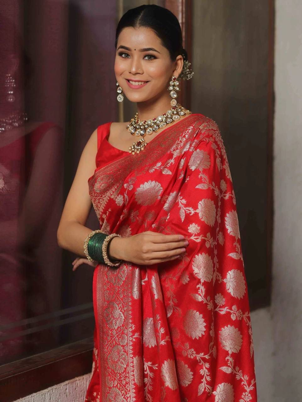 Red Soft Lichi Jacquard Saree