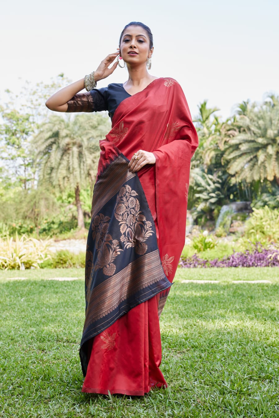 Maroon Soft Lichi Silk Saree with Black Jacquard Pallu