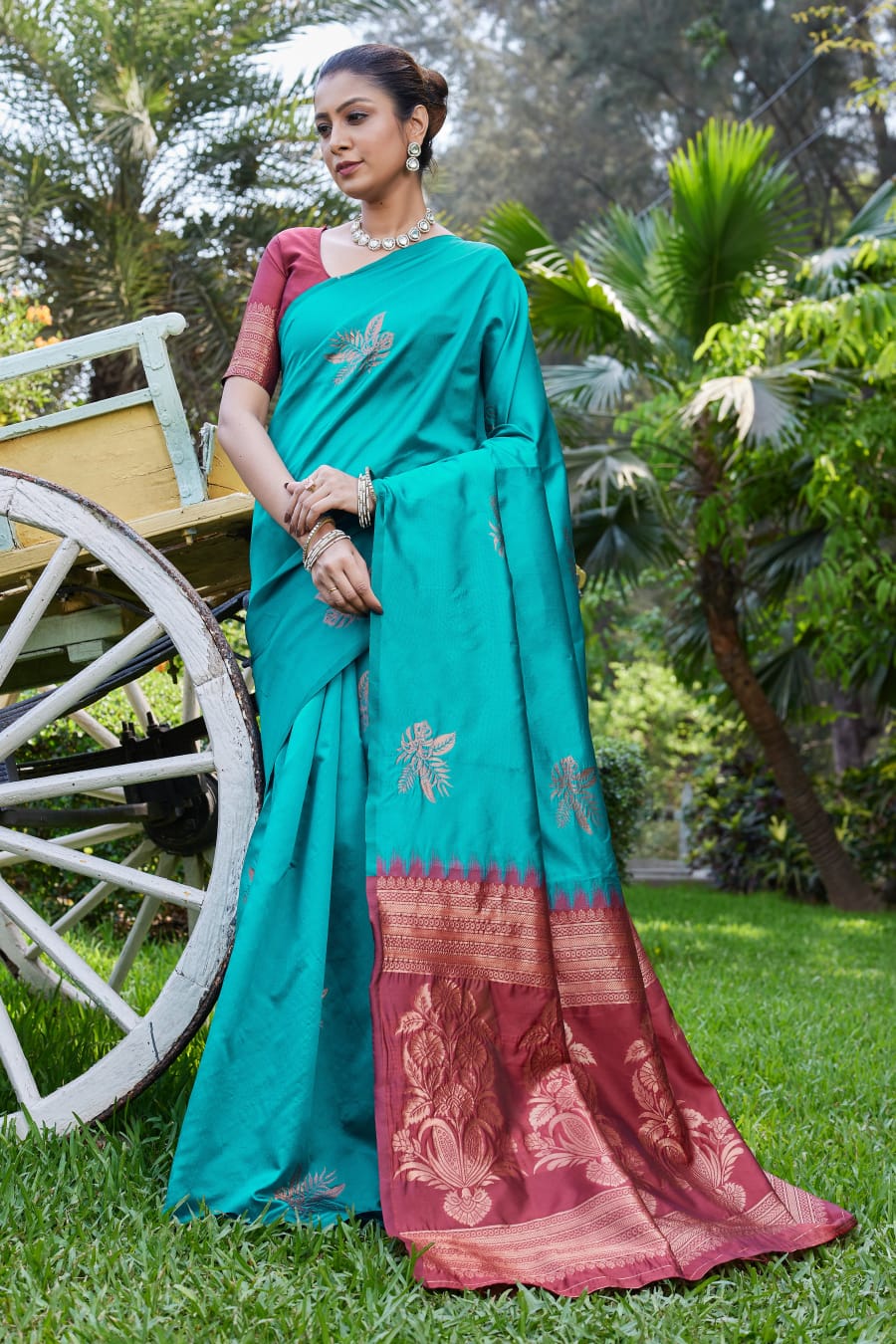 Teal Maroon Lichi Silk Saree
