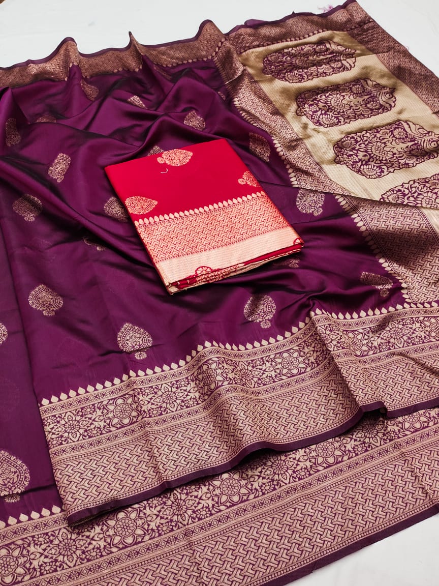 Soft Lichi Silk Saree – Wine Zari Border