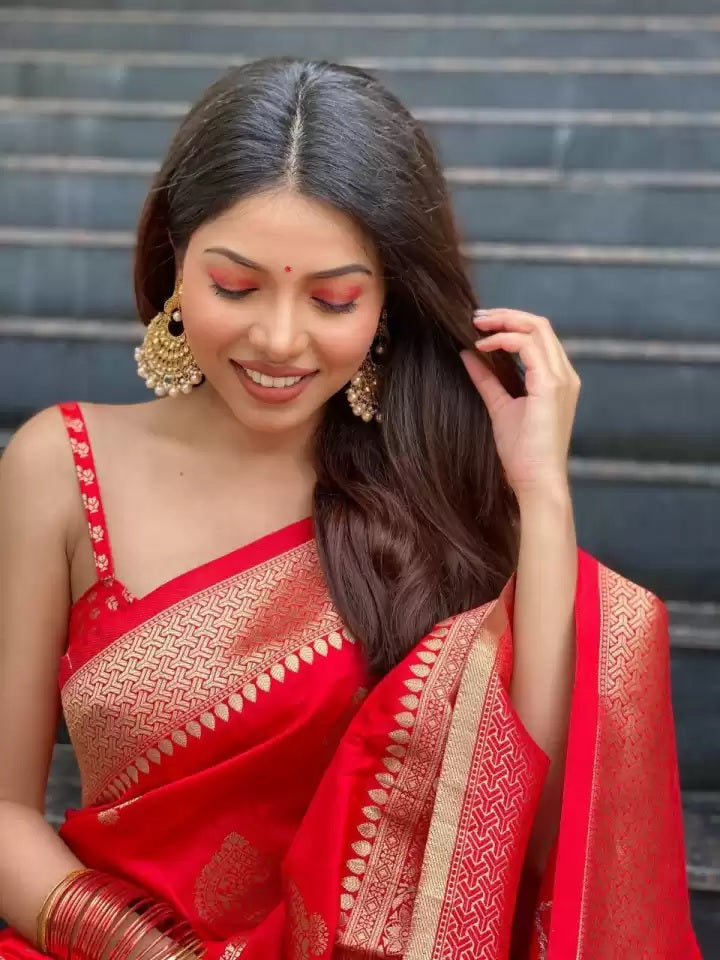 Red Soft Lichi Zari Saree