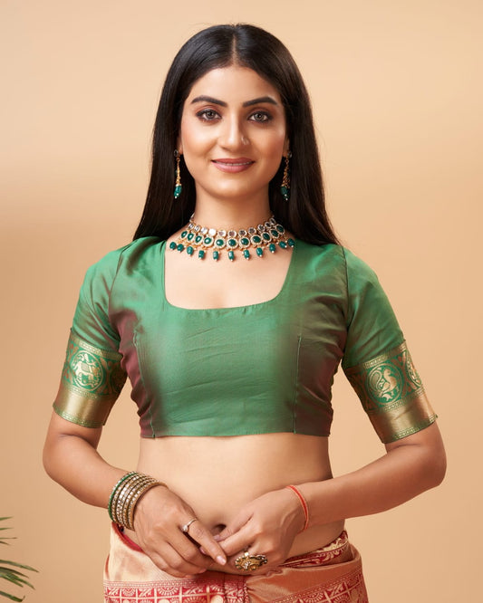 Soft Lichi Silk Saree – Red Green Zari