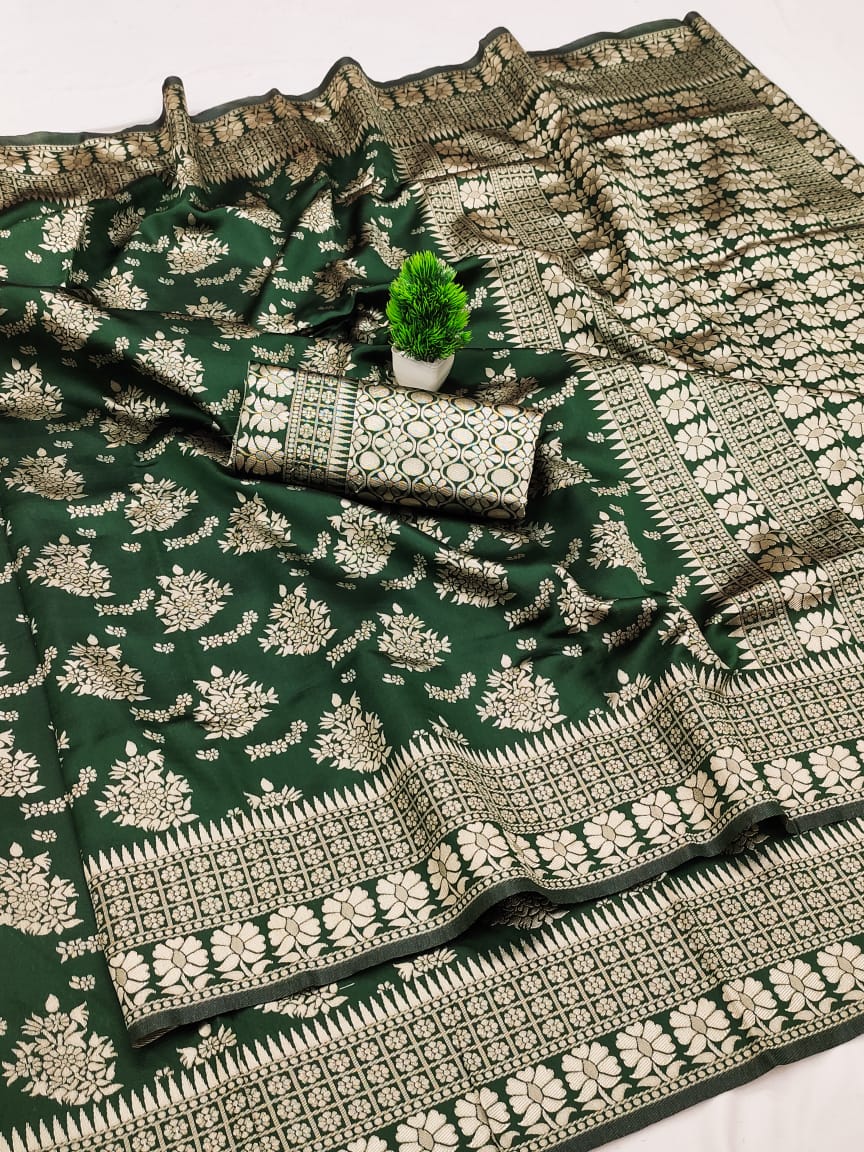 Soft Lichi Silk Saree – Dark Green Zari