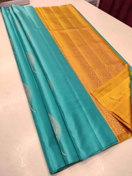 Soft Lichi Silk Saree – Sea Green Mustard