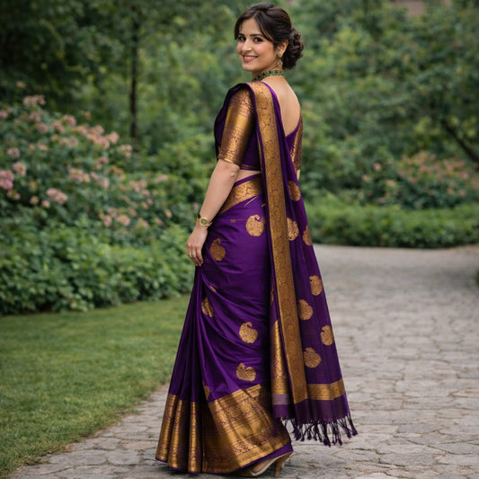 Soft Lichi Silk Royal Purple Premium Border Saree
