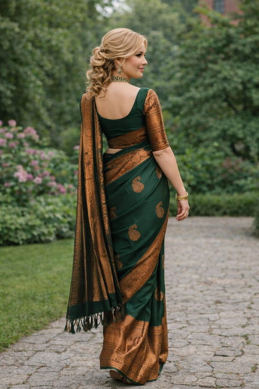 Soft Lichi Silk Bottle Green Premium Border Saree