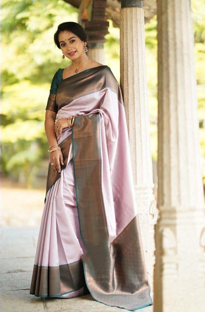 Soft Lichi Silk Pastel Pink Plain Border Saree