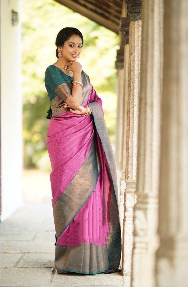 Soft Lichi Silk Pink & Bottle Green Zari Border Saree