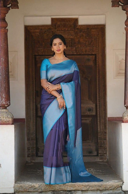 Soft Lichi Silk Navy Blue & Sky Blue Saree