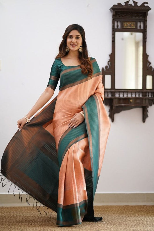 Soft Lichi Silk Bottle Green Peach Contrast Border Saree
