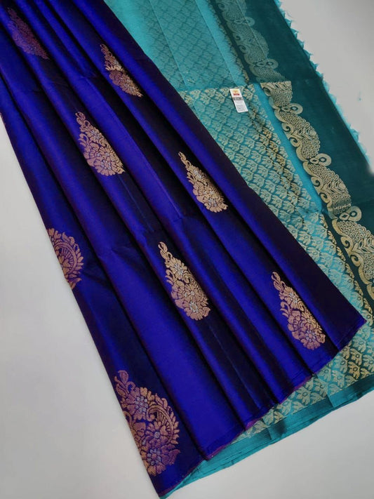 Soft Lichi Silk Royal Blue & Teal Zari Border Saree