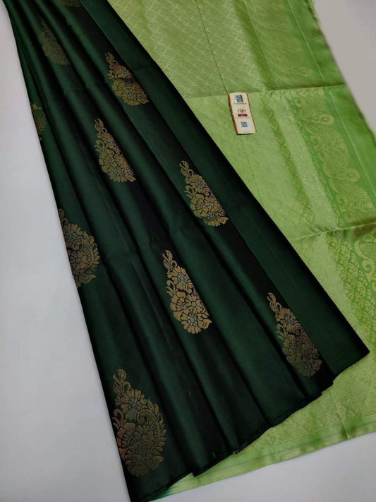 Soft Lichi Silk Dark Green & Light Green Zari Border Saree