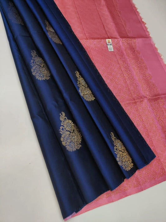 Soft Lichi Silk Navy Blue Saree with Pink Zari Border