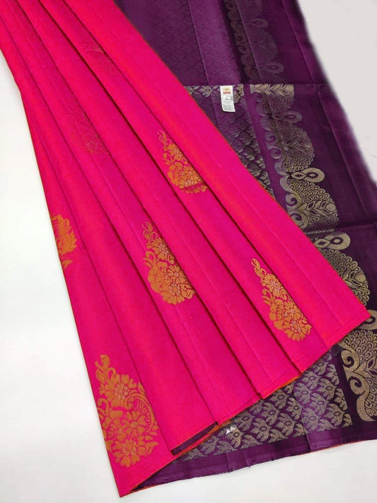 Soft Lichi Silk Pink Saree with Purple Jacquard Zari Border