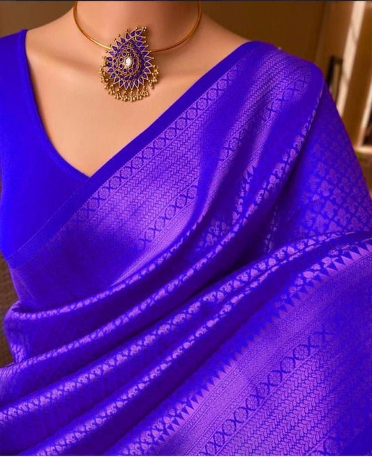 Soft Lichi Silk Royal Blue Jacquard Border Saree