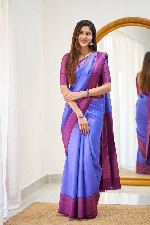 Soft Lichi Silk Blue–Purple Dual Tone Zari Border Saree