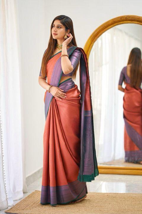 Soft Lichi Silk Rust Orange & Purple Contrast Border Saree