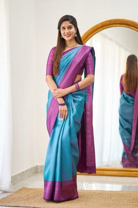 Soft Lichi Silk Teal Blue & Purple Premium Border Saree