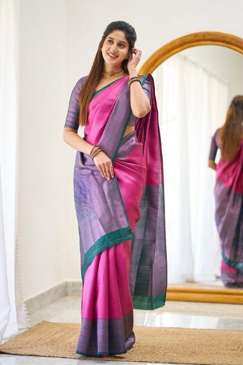 Soft Lichi Silk Rani Pink Saree with Dual Tone Zari Borderder