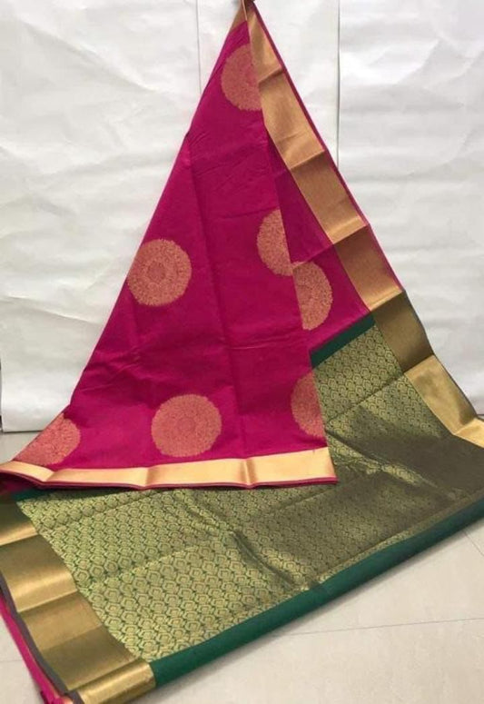 Rani Pink Green Gold Zari Woven Saree