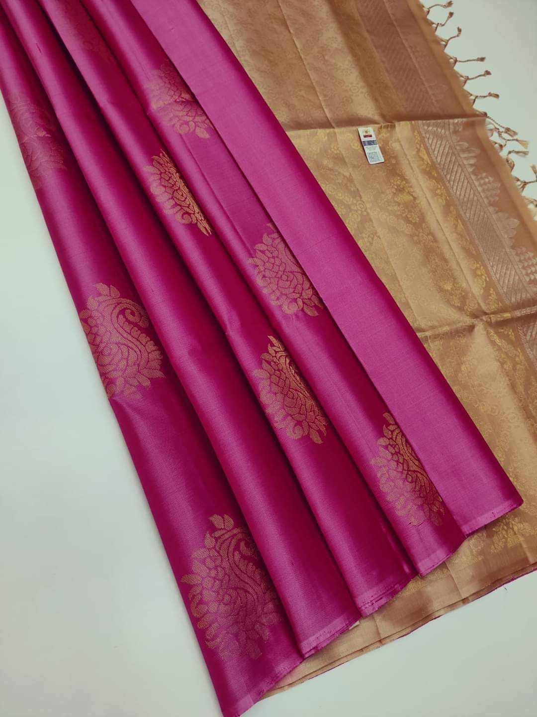 Soft Lichi Silk Rani Pink Saree with Golden Zari Border