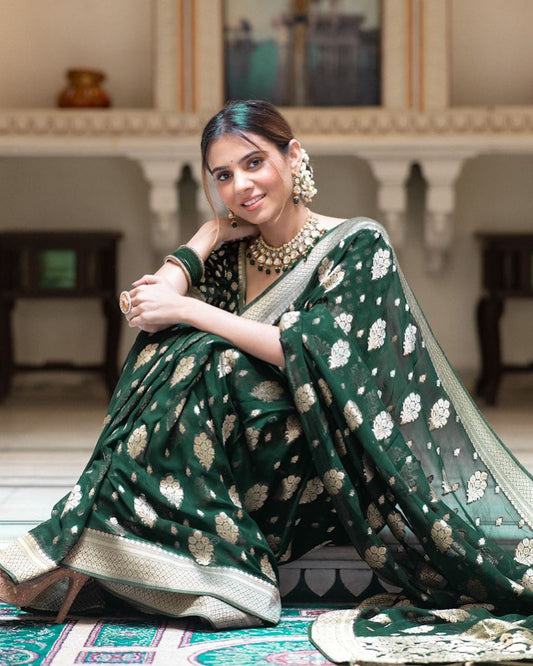 Soft Lichi Dark Green Banarasi Zari Work Saree