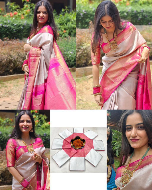 Soft Lichi Silver Grey Pink Contrast Zari Border Saree