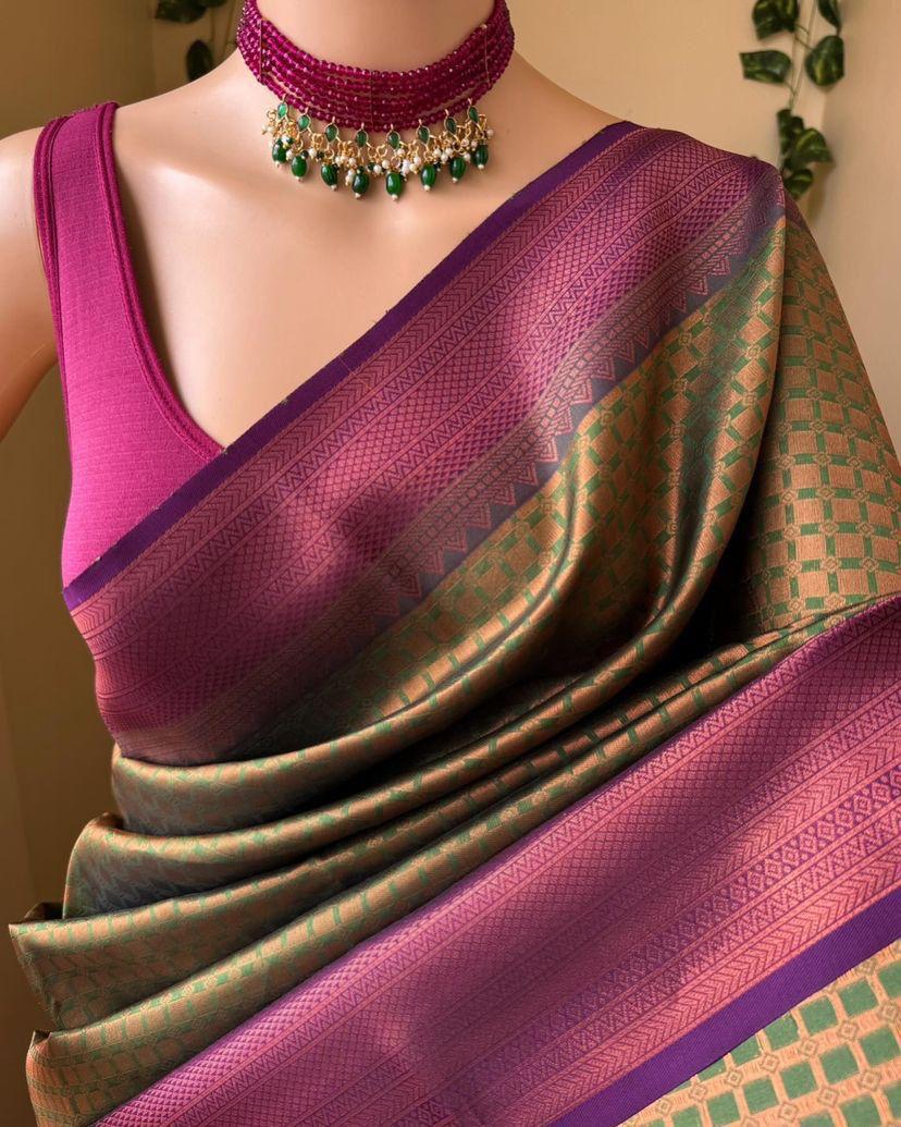 Soft Lichi Purple Green Zari Border Saree