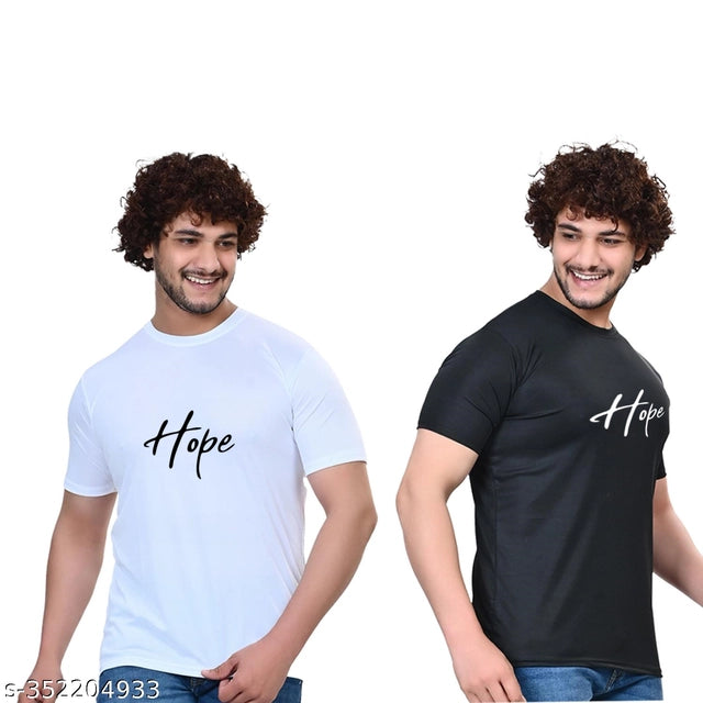 Round Neck Printed T-Shirt for Men (White & Black, S) (Pack of 2)