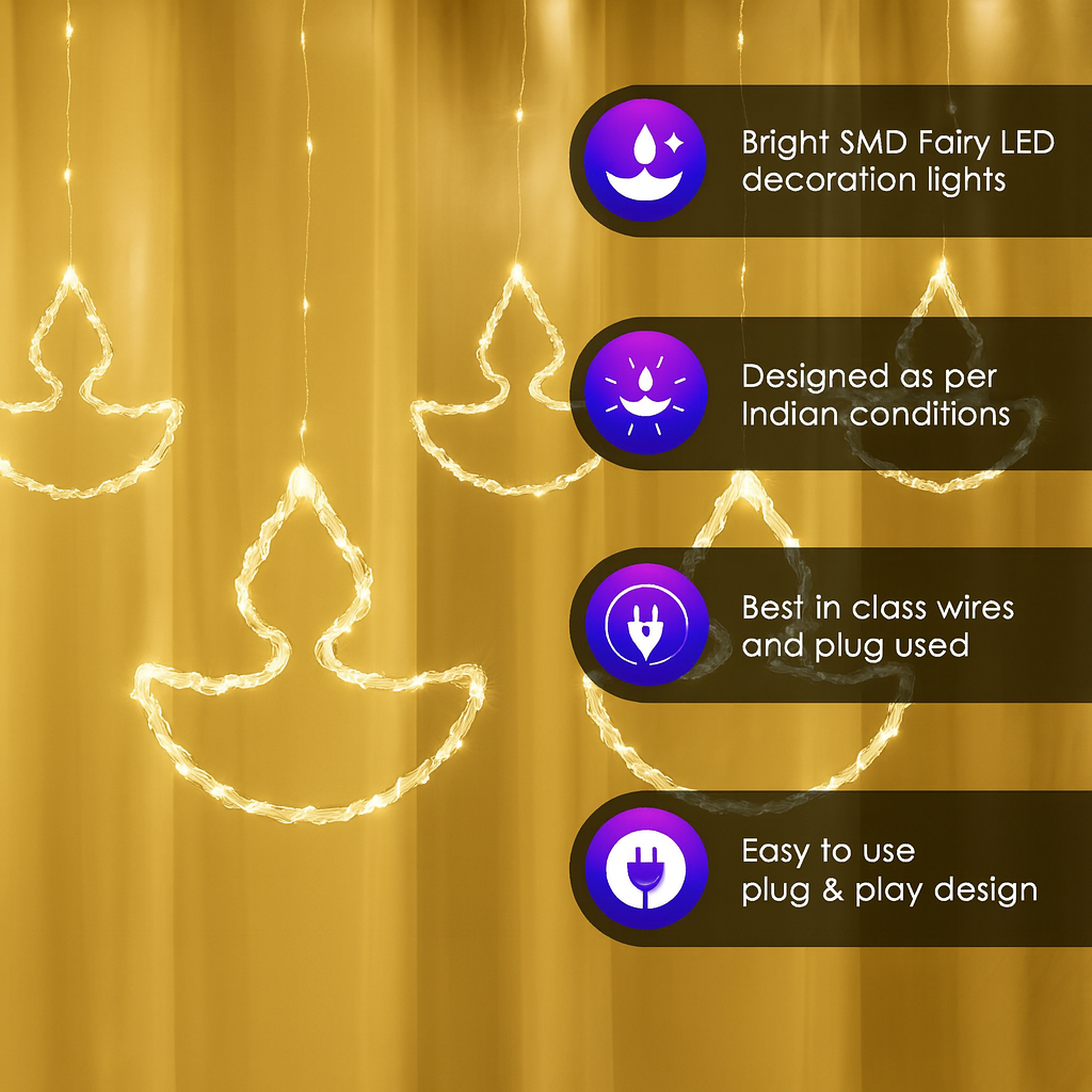 Diya Shape LED Curtain String Lights for Diwali Home Decoration – Warm White (8 Hanging Diyas)