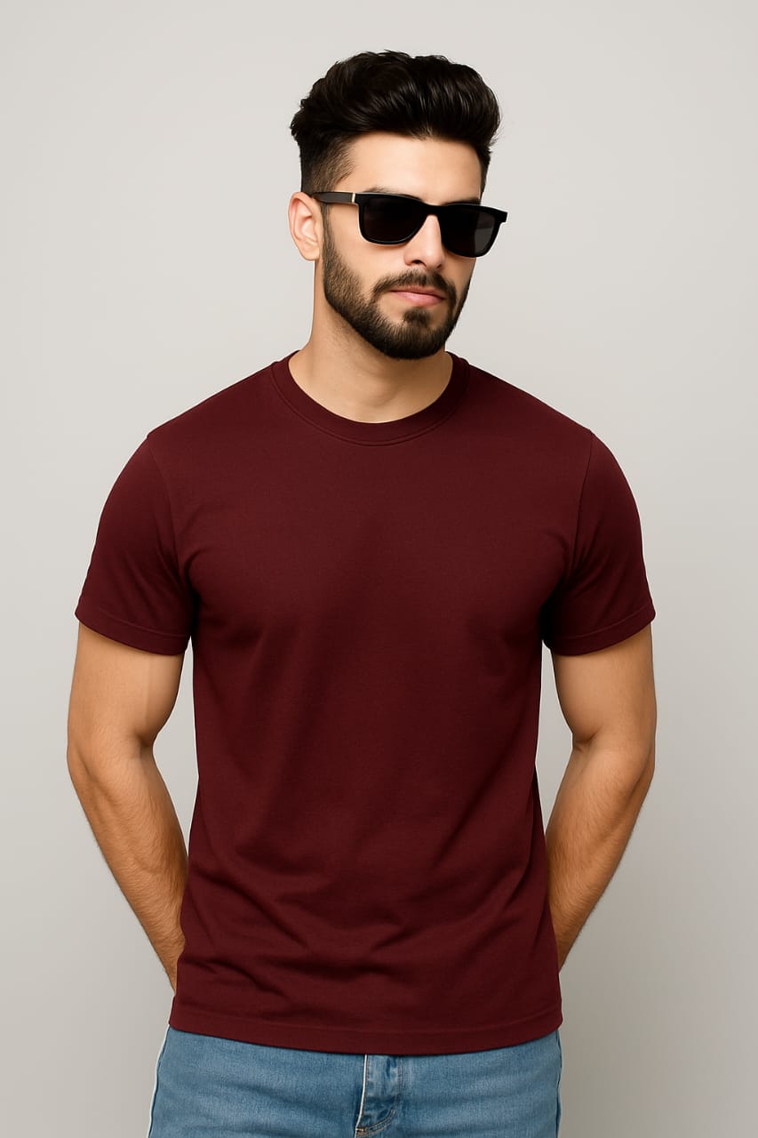 Gemini Cotton Premium Maroon Round Neck T-Shirt