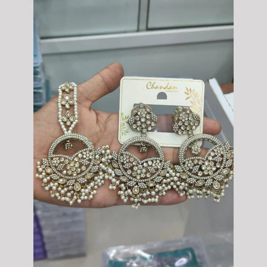 Manisha Jewellery Ethnic Pearl Dangler Earrings With Austrain Stone Work Coordinated Maangtikka