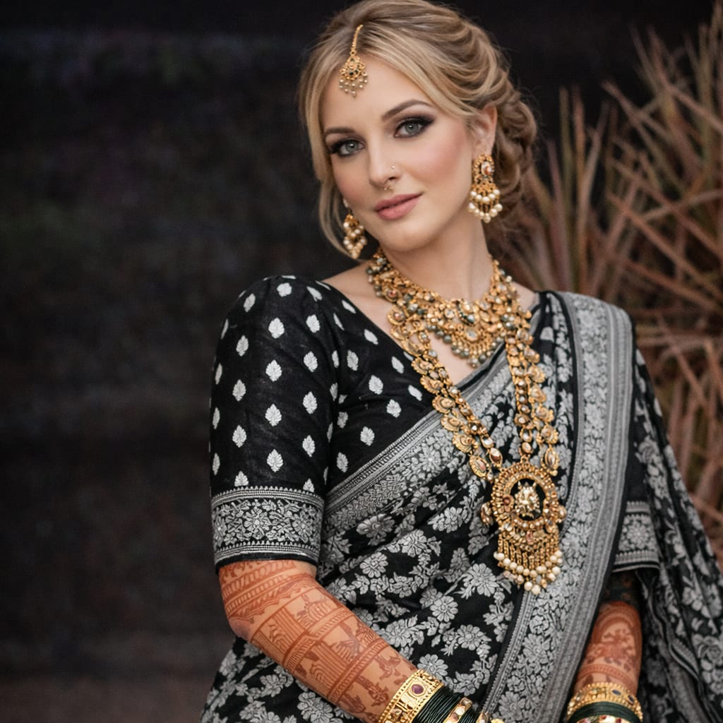 Soft Lichi Silk Saree – Black Zari Work