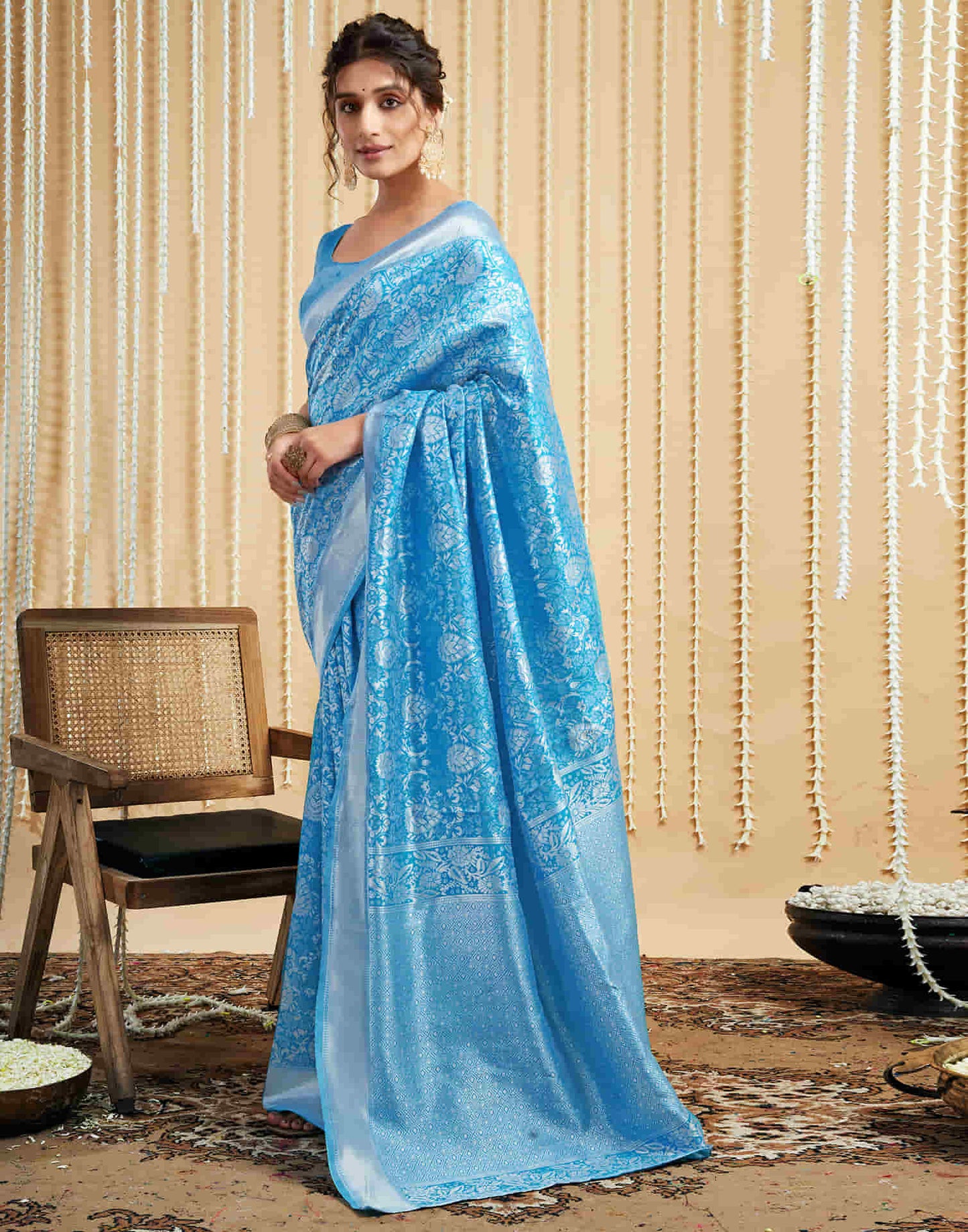 Sky Blue Soft Lichi Jacquard Saree