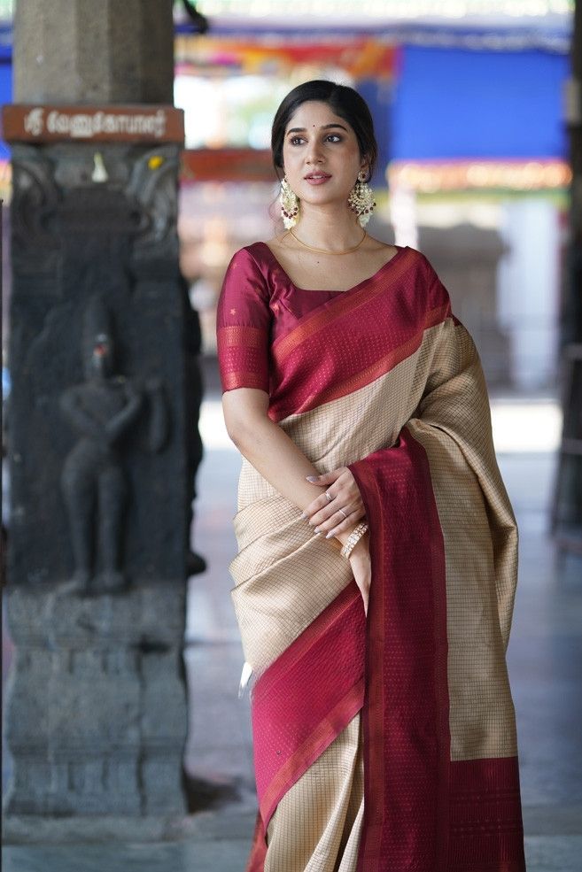 Soft Lichi Silk Beige Maroon Border Saree